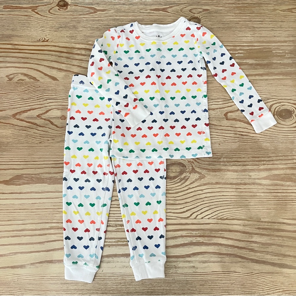 Primary White Heart-Print Pajama Set with Rainbow Hearts